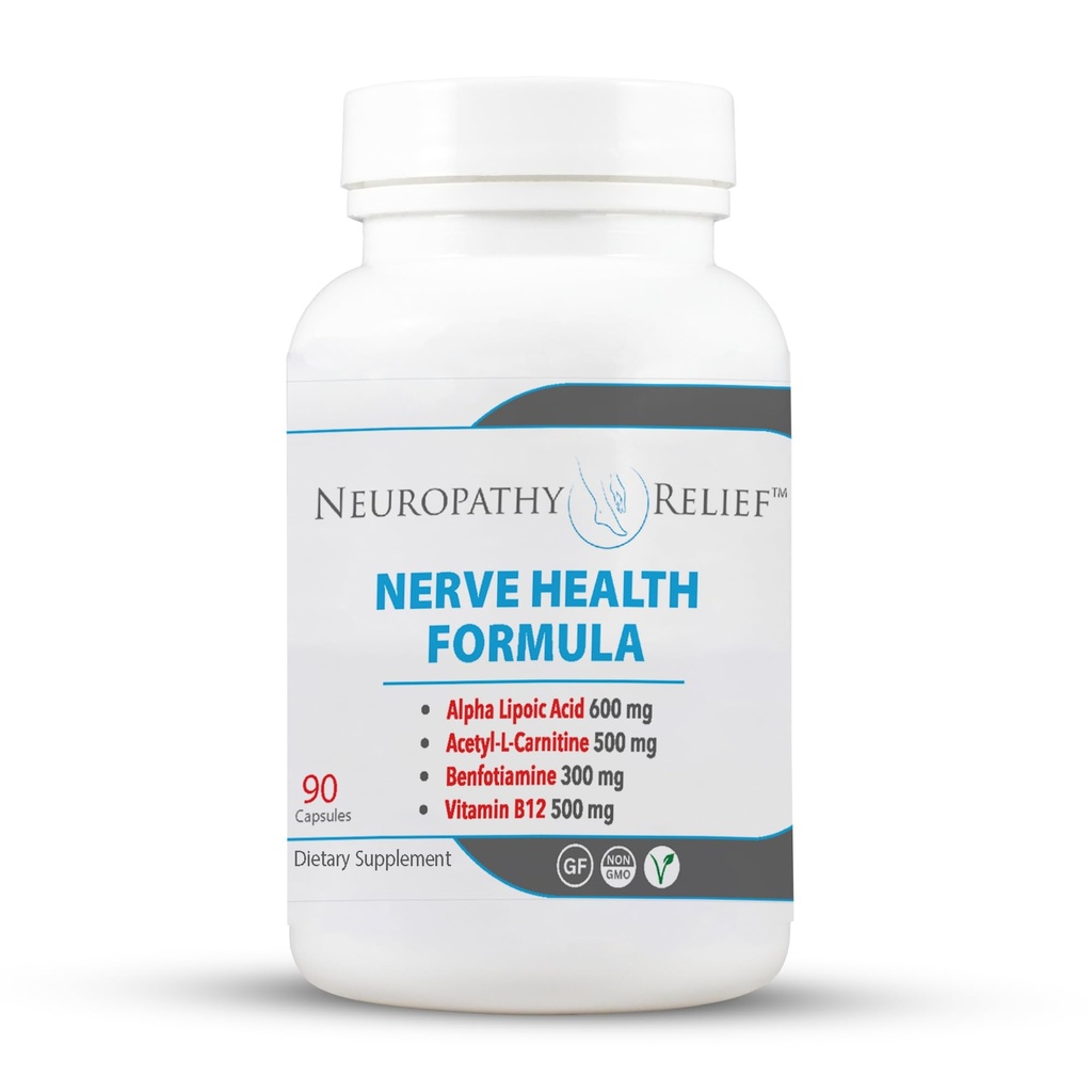 Neuropatie ReliefTM Formula de sănătate nervoasă - Suport avansat cu acid lipoic alfa, acetil-L-Carnitină, benfotiamină şi vitamina B12-90 Capsule