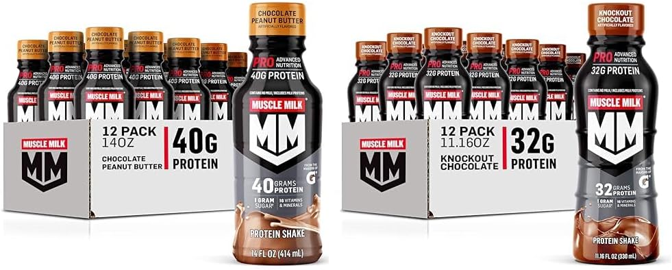 Muscle Milk Pro Series Ciocolata Unt de arahide Proteină Shake 40g Proteine Pachet de 12 & Pro Avansate Nutriție Knockout Proteina Ciocolata Shake 32g Proteina Pachet de 12