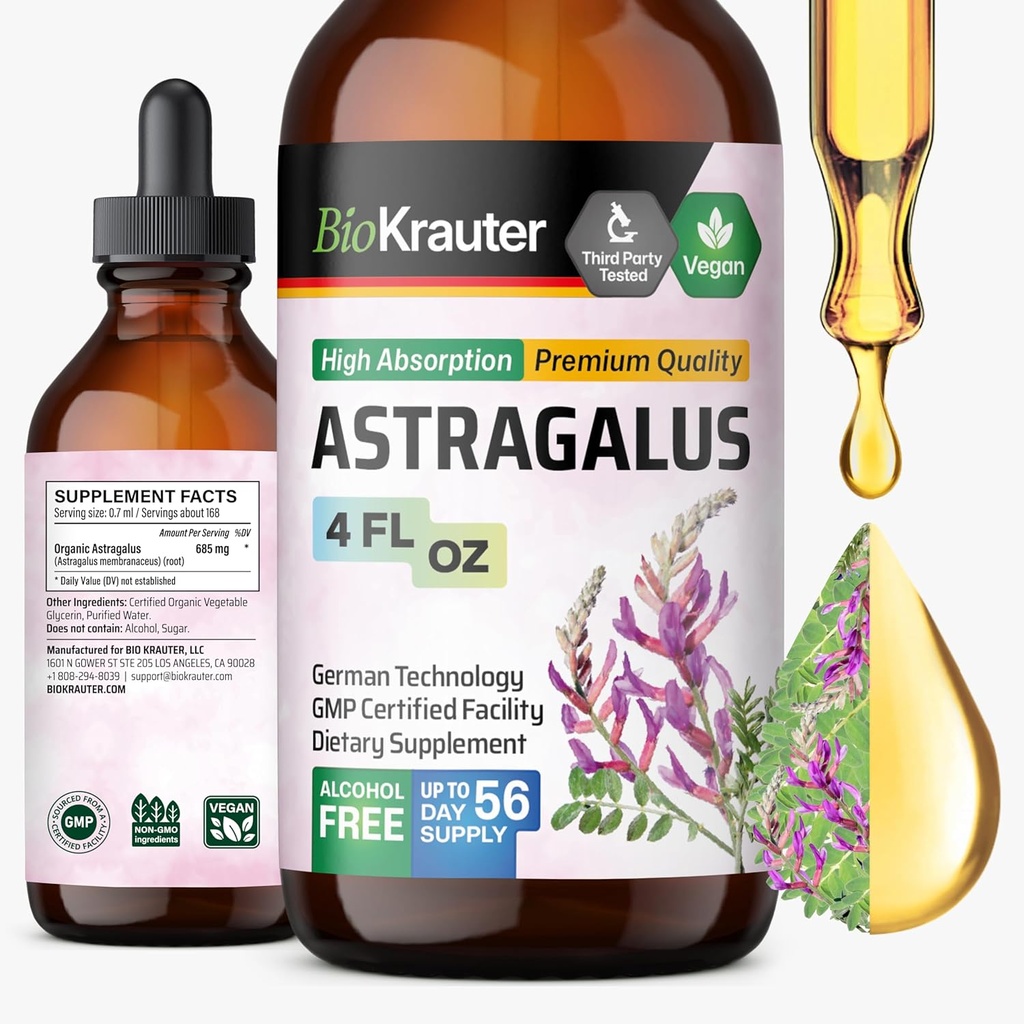 BIO KRAUTER Astragalus Tincture - Astragalus Root Extract for Immune Support - Alcool și zahăr fără - Absorbție ridicată - Picături Vegan 4 Fl.Oz.