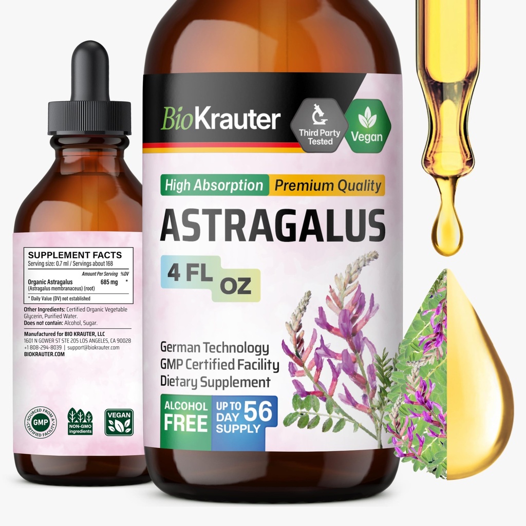 BIO KRAUTER Astragalus Tincture - Astragalus Root Extract for Immune Support - Alcool și zahăr fără - Absorbție ridicată - Picături Vegan 4 Fl.Oz.
