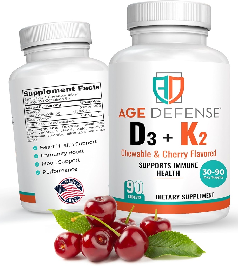 Vitamina D3 2000 UI cu K2-90 Tablete masticabile cu aromă de cireșe-naturale de energie Booster-Suports Vitality, Imun Health, & Global Wellness-Vitamina D3 cu vitamina K2 pentru bărbați și femei