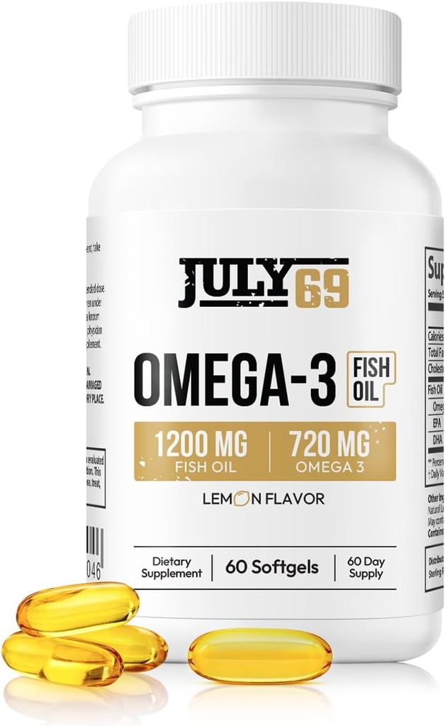 Ulei de pește Omega 3 - 1200 MG ulei de pește, 720 MG Omega 3, Aroma de lămâie, 60 Softgels, Softgels naturale EPA-DHA pentru putere și sănătate, potențial ridicat, suport pentru femei și bărbați