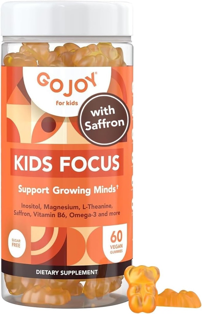 Copii Focus Gummies - 7-in-1 Focus & Atenție Supliment pentru copii și adolescenți w/Extract de șofran, magneziu Glycinate, L-Theanine, Inositol & More - Vegan, Gluten & Sugar-Free, Non-GMO