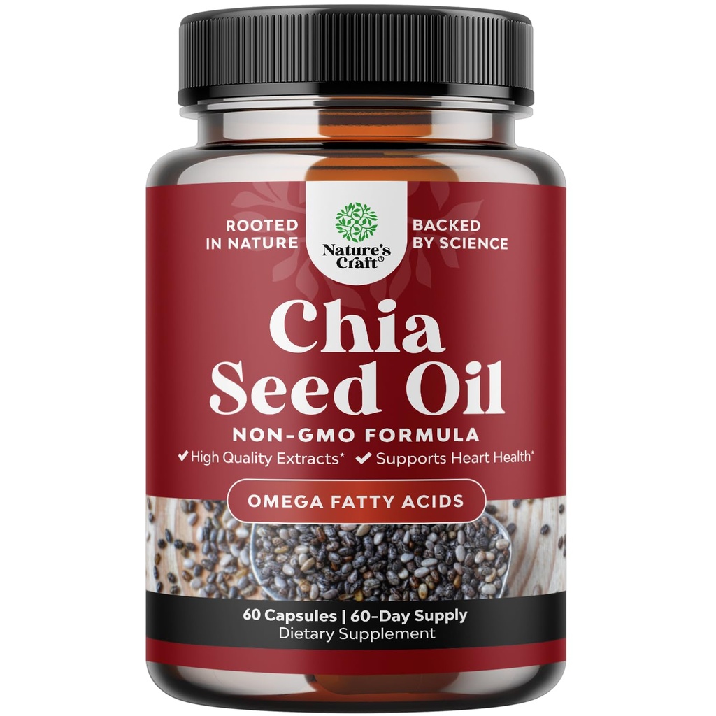 Capsule de ulei de semințe Chia - Omega pe bază de plante 3 6 9 Supliment și capsule de fibre zilnice pentru adulți Suport digestiv și imun și sănătate cardiacă - Omega 3 acid gras pentru bărbați și femei