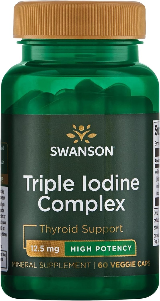 Swanson Triple Iodine Complex-Natural Supliment pentru Vital tiroida suport-Promote Functie metabolica, Creșterea producției de celule roșii sanguine, & Heart Health- (60 Capsule Veggie, 12,5 mg fiecare) 1 ambalaj