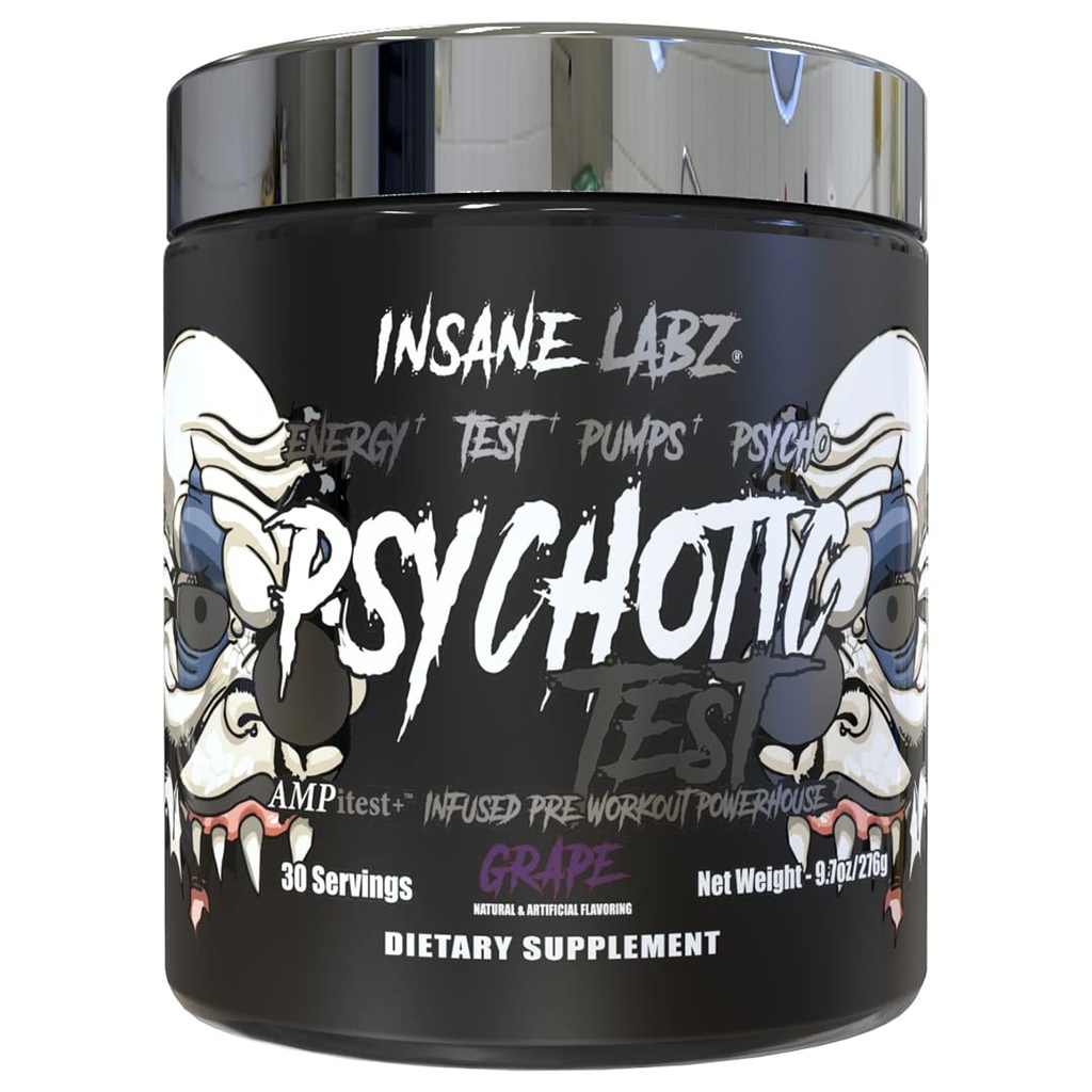 Insane Labz Test psihotic, High Stim Testosteron Energy and Pump Boosting Pre-Workout Powder with DMAE Bitartrate, D Acid aspartic, Creatine HCL and Glicerol Monostearate, 30 Servings, Grape