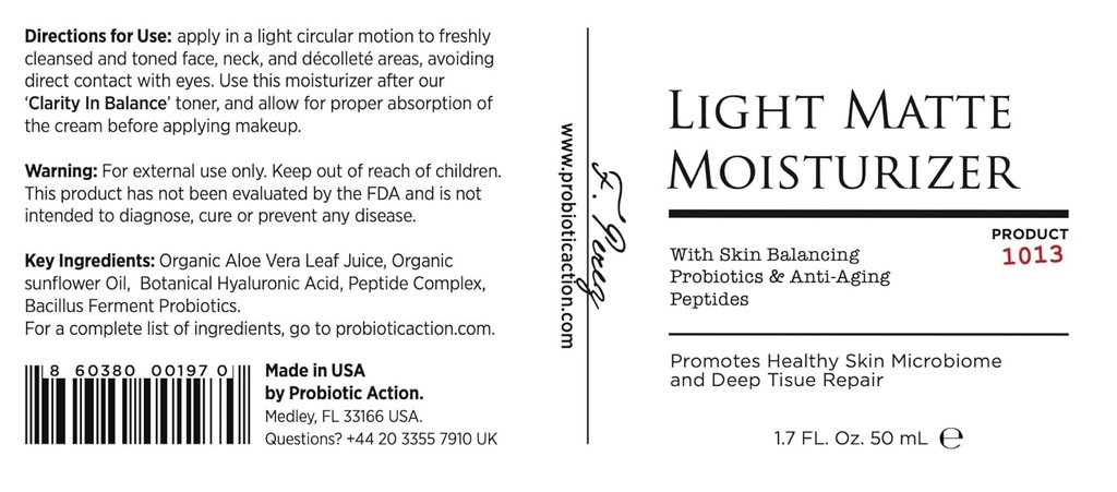 Probiotic Action® Light Matte Moisturizer - Probiotic ajuta la prevenirea Acnee, Rosacea, si Eczema. Probiotic şi Peptide menţine strălucirea, moliciunea şi apăsarea pielii limpezi.