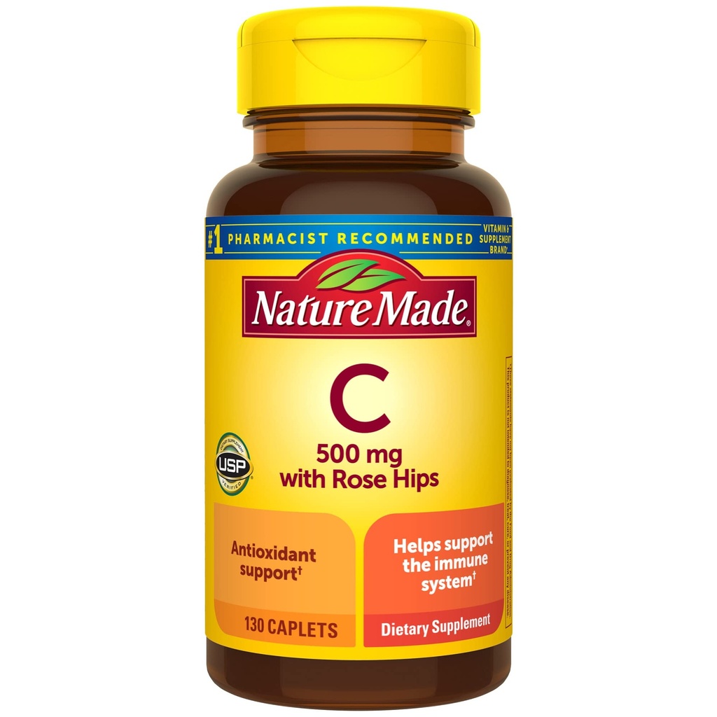 Natura Made Vitamina C 500 mg cu Rose Hips, Supliment alimentar pentru suport imunitar, 130 Caplete, 130 de zile de aprovizionare