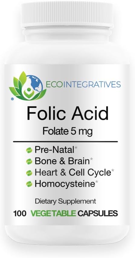 Folat de acid folic 5mg (B9) Prenatal, Sănătate Reproductivă, Homocisteină, Metabolism, Cardiovasculară, Os, Suport Imun, Allergen Free, NeGMO - 100 Capsule Vegane