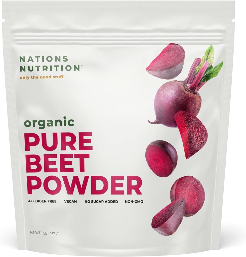 Pudră pură de rădăcină de sfeclă organică - Circulaţia oxidului azotic Superfood, susţine fluxul sanguin şi sănătatea inimii - creşterea rezistenţei şi a energiei naturale, 30+ serviri (1 LB sac)