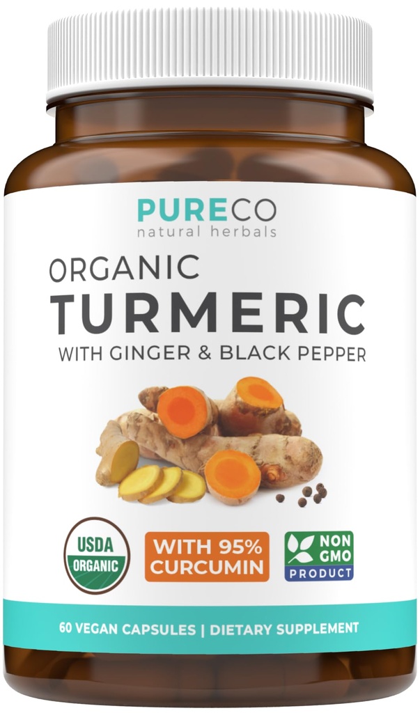 Supliment cu ardei negru cu ghimbir organic - capsule cu Curcumină organică de înaltă potenţă cu ardei iute şi negru pentru beneficii şi absorbţie îmbunătăţite - Vegan & non-GMO (1 lună de aprovizionare)