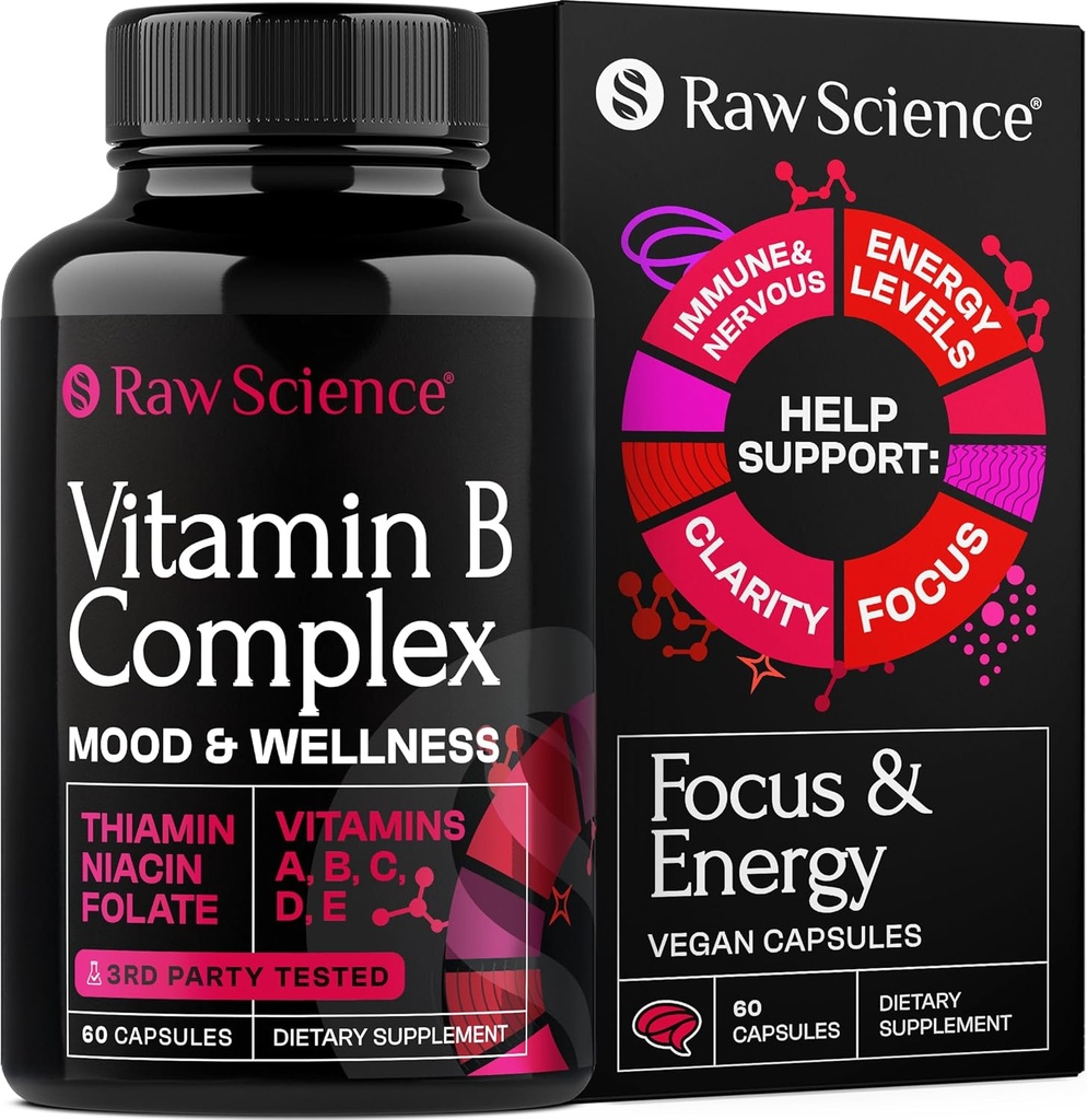 Capsulele complexe de vitamina B - B Vitamine: B1 B2 B3 B5 B6 B7 B9 B12, Biotin, Acid folic, Vitamina C pentru energie și supliment de sprijin imun, Super B- Complex pentru femeile și bărbații Nervos Sistem, 60 capsule
