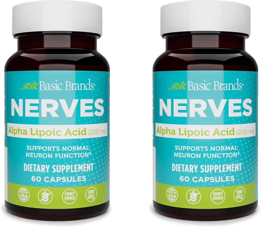 Branduri de bază Alpha Acid lipoic 200mg - potent antioxidant ALA Supliment pentru funcția nervoasă sănătoasă și metabolism - 60 capsule - 2-Pack