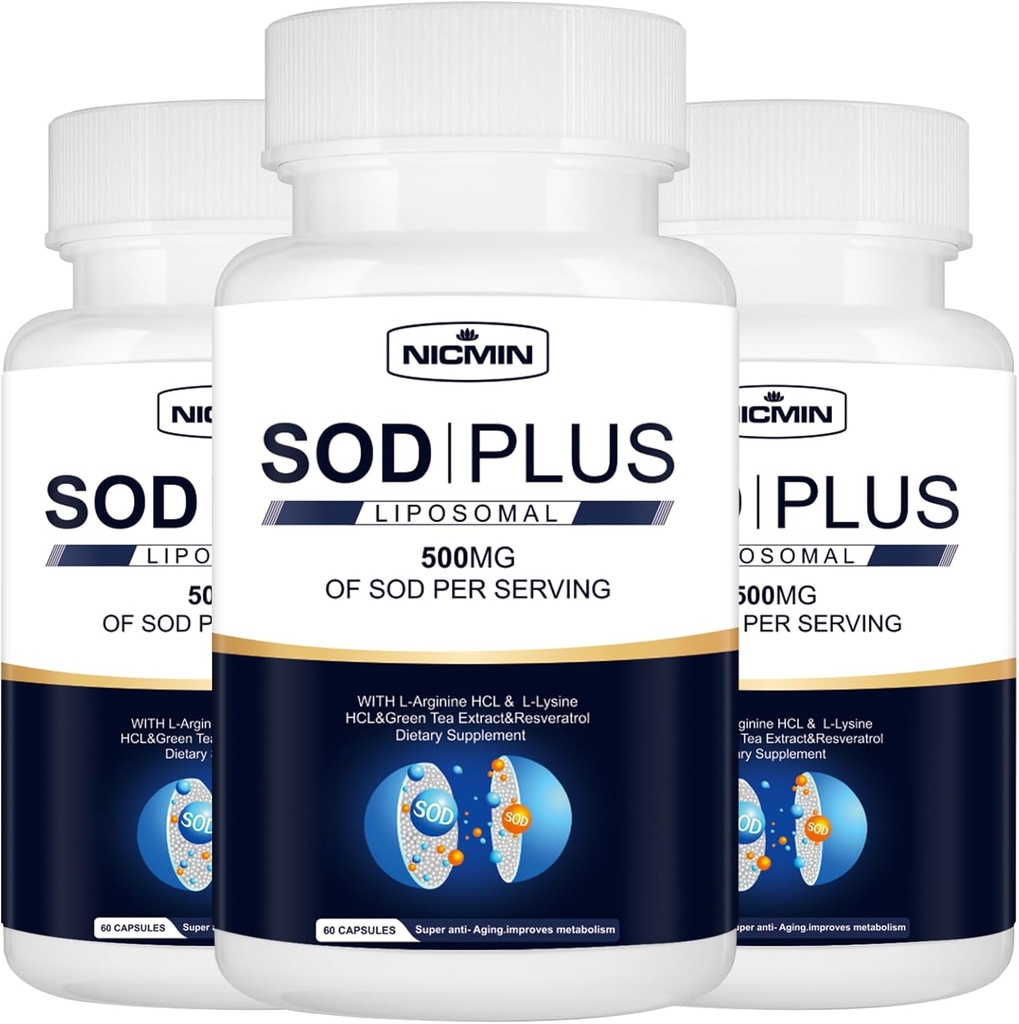 Superoxid Dismutază Supliment 500mg - SOD Plus cu lipozomal Glutatione, AKG, extract de ceai verde, L-Arginină, Lysine, Resveratrol și vitamina E pentru suport imun, Antioxidant 180 capsule