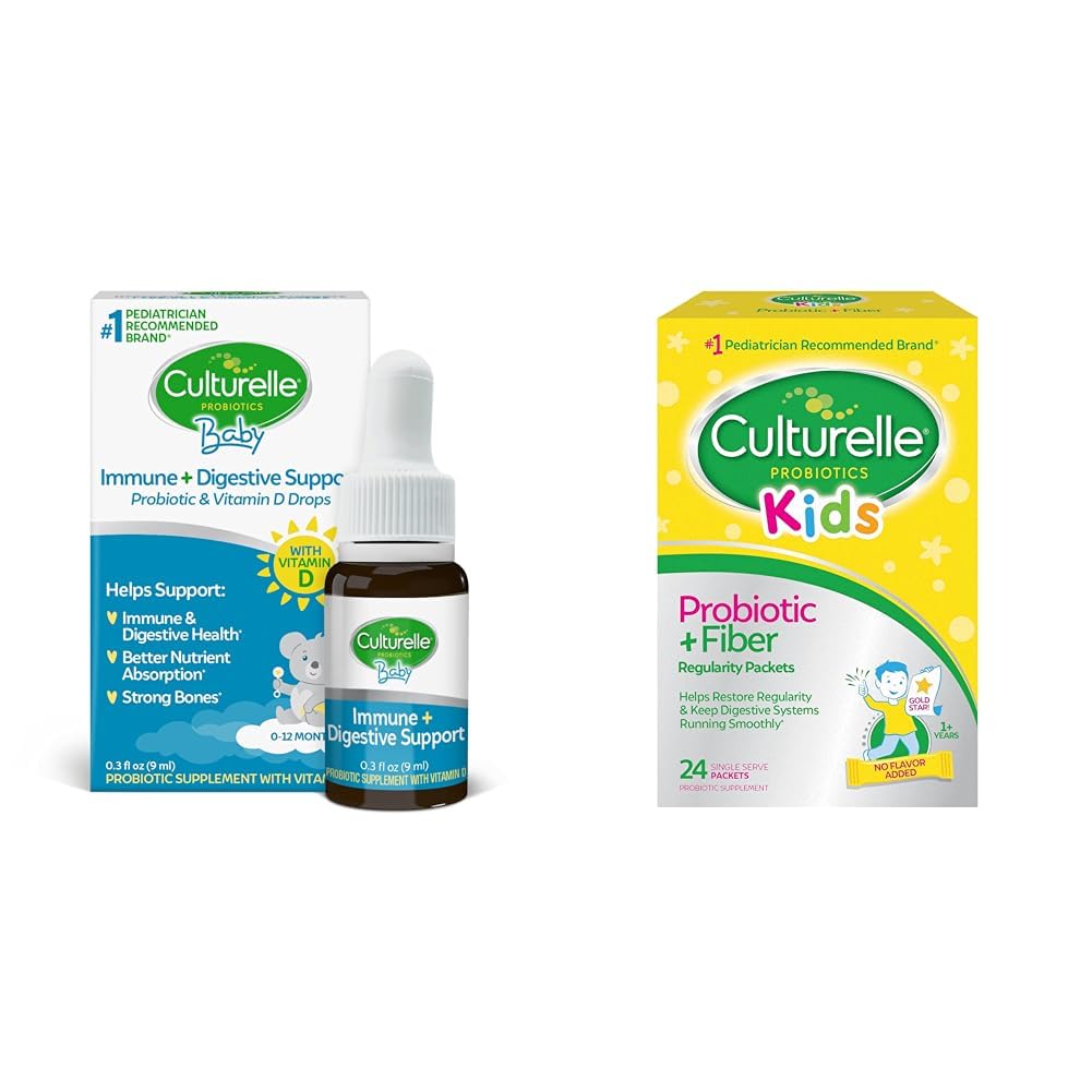 Culturelle Baby Imune și suport digestiv Probiotic + D picături de vitamina, 30 zile de aprovizionare copii Probiotic + Fiber Packets, 24 Conte