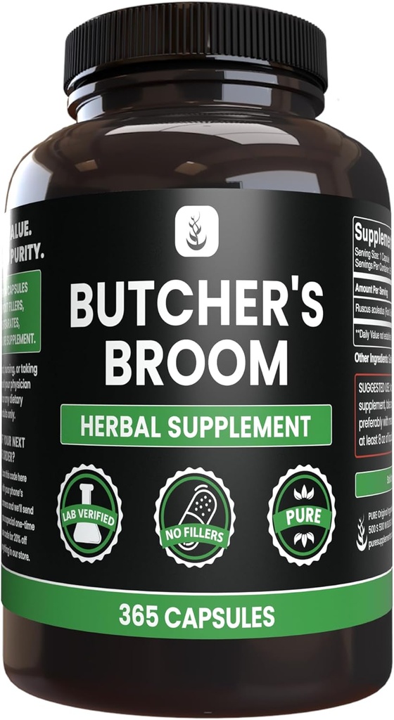 Ingrediente originale pure Măcelar's Broom (365 capsule), fără magneziu sau umpluturi de orez, întotdeauna pure, Lab verificate