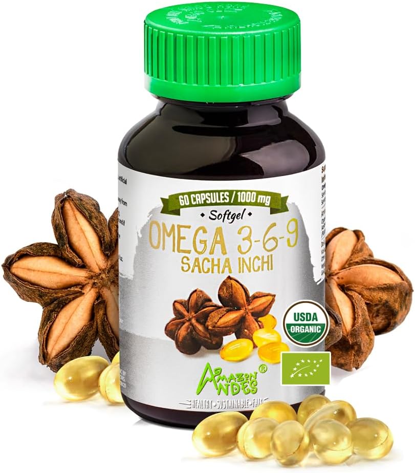 Anzi Sacha Inchi Capsule (Plukenetia volubilis) - Sursa de Omega 3, 6, 9 cu Essential Fatty Acids - Odorless & Sustenabil de origine - Brain Function Supporter - 60 Softgel Pills (1000mg)