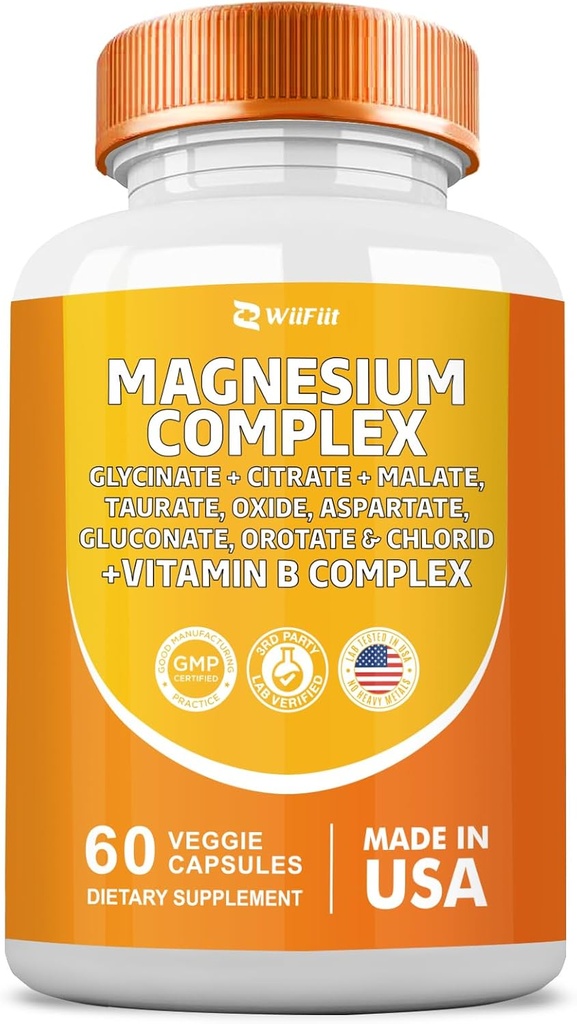 Supliment Complex de magneziu, Clycinat 141mg Oxid 228mg Malate 58,5mg Citrate 62.4 mg cu Glycina Glycina Taurate Clorura Aspartat Gluconat Vitamina B, Suplimente Minerale 60 Capsule