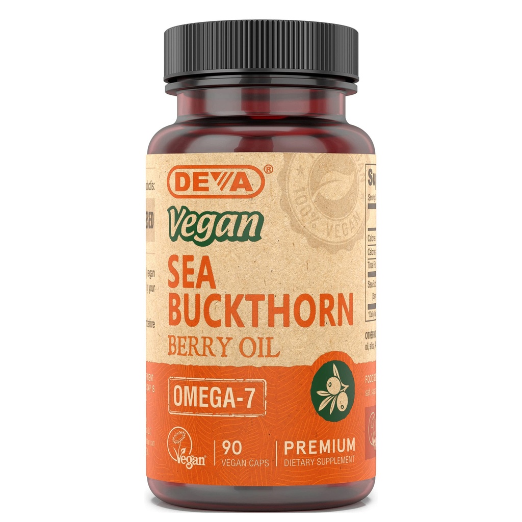 DEVA Vegan Sea Buckthorn, Berry Oil 500mg, Cold-Pressed, Nerafinat, bogat în Omega-7, 90 capsule, 1-Pack