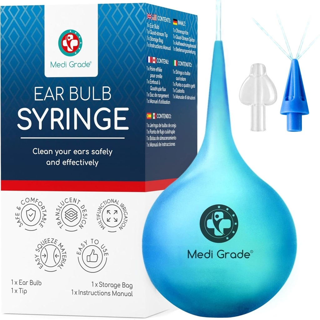 Medi Grade Ureche Bulb Syringe - instrument eficient de îndepărtare a urechii cu Add-on Quad-Stream Tip - Trust de curățare a urechii prietenos pentru curatarea urechii blând - Ureche Flusher pentru ureche - 2.54 fl oz