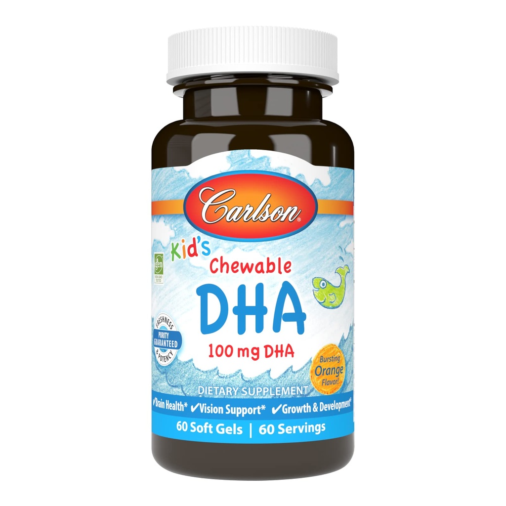 Carlson - Kid Chewable DHA, 100 mg DHA, Brain & Vision Function, Growth & Development, Orange, 60 Chewable Softgels