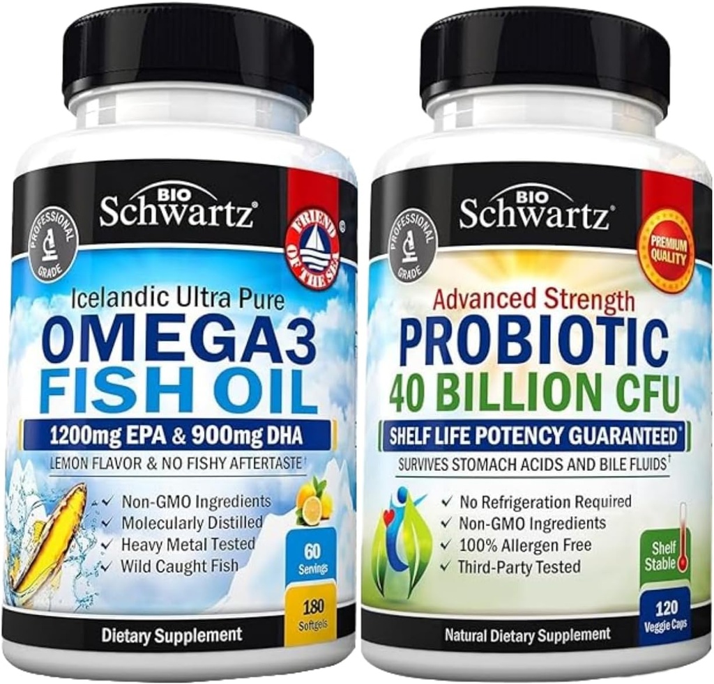 Puterea triplă Omega 3 Softgels ulei de pește (2 lună de aprovizionare) Plus 40 miliarde CFU supliment zilnic probiotic (2 lună de aprovizionare)