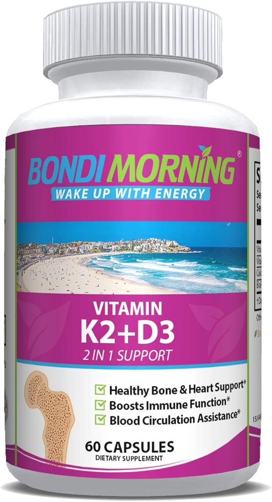 Vitamina K2 + D3 Supliment pentru Bone & Heart Health - Potenţă mare 5000 UI Vitamina D3 & 100 mg Vitamina K2 (MK7) Capsule pentru Absorbţie optimă a calciului - 60 capsule Vegane