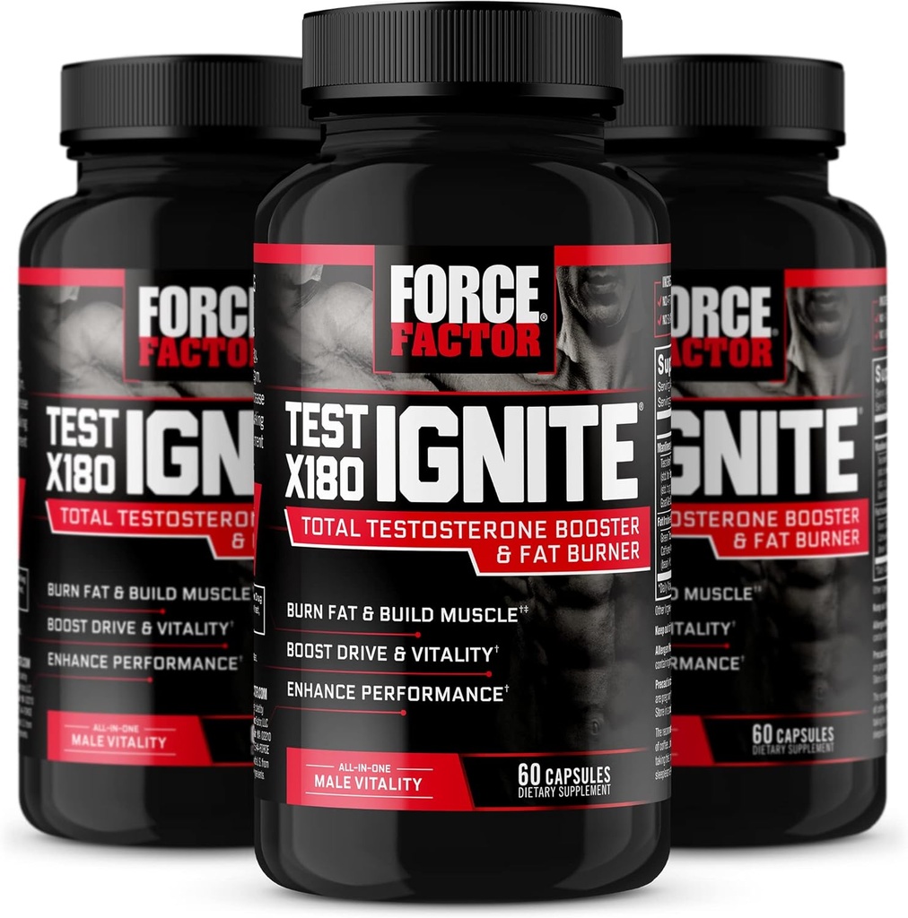 Force FACTOR Test X180 Ignite, Testosteron Booster & Fat Burner pentru bărbați, Testosteron Supliment pentru a ajuta la construirea musculare, creșterea energiei și creșterea vitalității și performanței, 60 Conte (Pachet de 3)