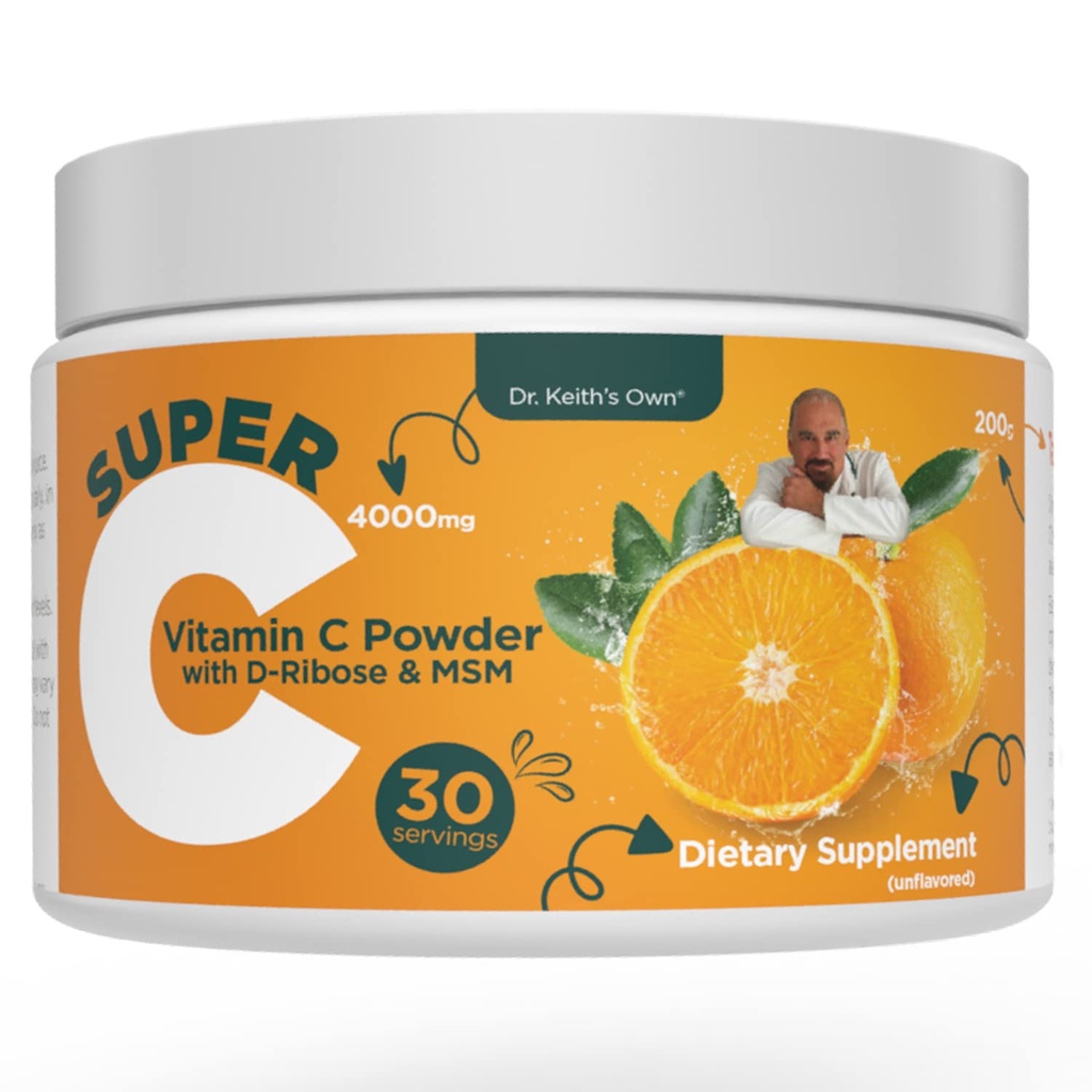 Dr. Keith's Own Super-C-High Doză Pulbere de vitamina C 4000 mg cu D-Ribose, Glicină, MSM-Highly Absorbable, Stomac-Friendly, Colagen Boost, Immune Support-Neflavored, 200 Grams (30 Servings)