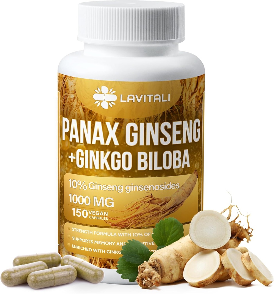 Ginseng & Ginkgo Biloba 150 Capsule Veggie, Energie Ginseng Root Extract pulbere, cu extract de Ginkgo Biloba, 100% Natural & non-GMO, Vegan, Gluten gratuit, Dairy Free