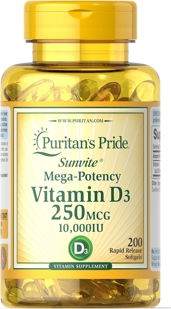 Mândria puritană Vitamina D3 250 mcg (10000 UI) Softgels, 200 Conte