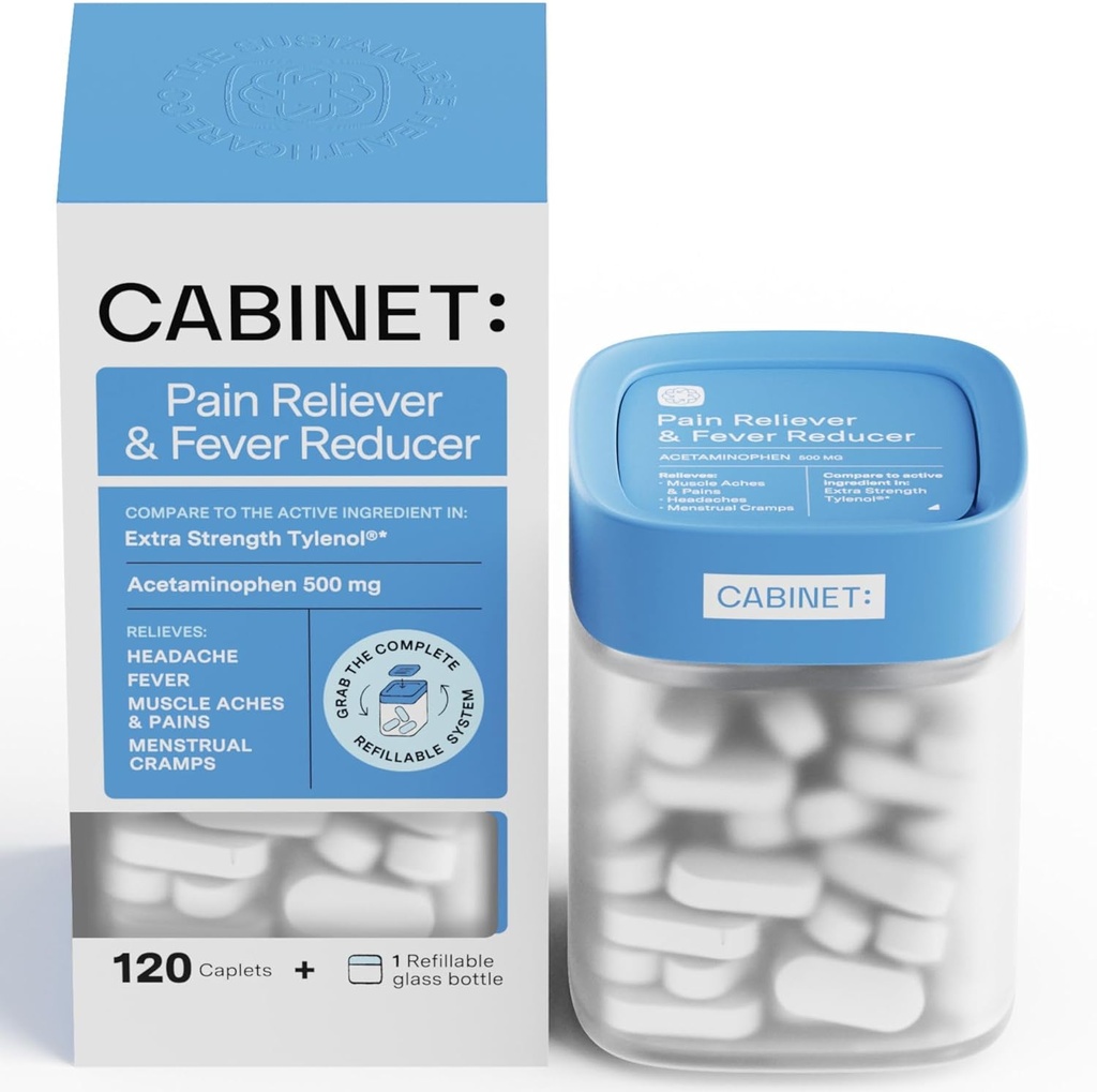 Cabinet: 500mg Acetaminofen pentru Relief de durere de cap, Toothaches, Sore gât, și Reductor de febră, Include 1 borcan de medicina reîncărcabil, 120 comprimate (Starter Kit)