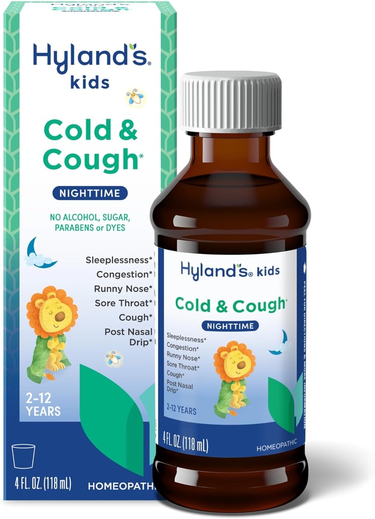 Hyland's Kids Cold and Cough, Nighttime Cough Sirop Medicine for Kids Ages 2 and up, Decongestant, Sore Throat relief and Sleeplessness, Relief of Common Cold Simptomes, 4 Fl Oz