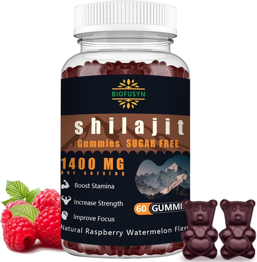 Gume Shilajit pentru barbati si femei - 1400mg, supliment Himalayan Pure, High in Minerale & Acid, Energie, Creier, Imunitate Boost, Raspberry Pepene verde aroma
