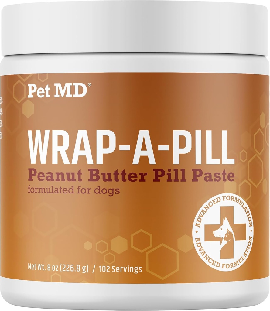 Pet MD Wrap A Pill Unt de arahide Pastă de pilulă pentru câini - Asigurați-un buzunar sau o pungă pentru a ascunde pastile & medicamente - 8 oz