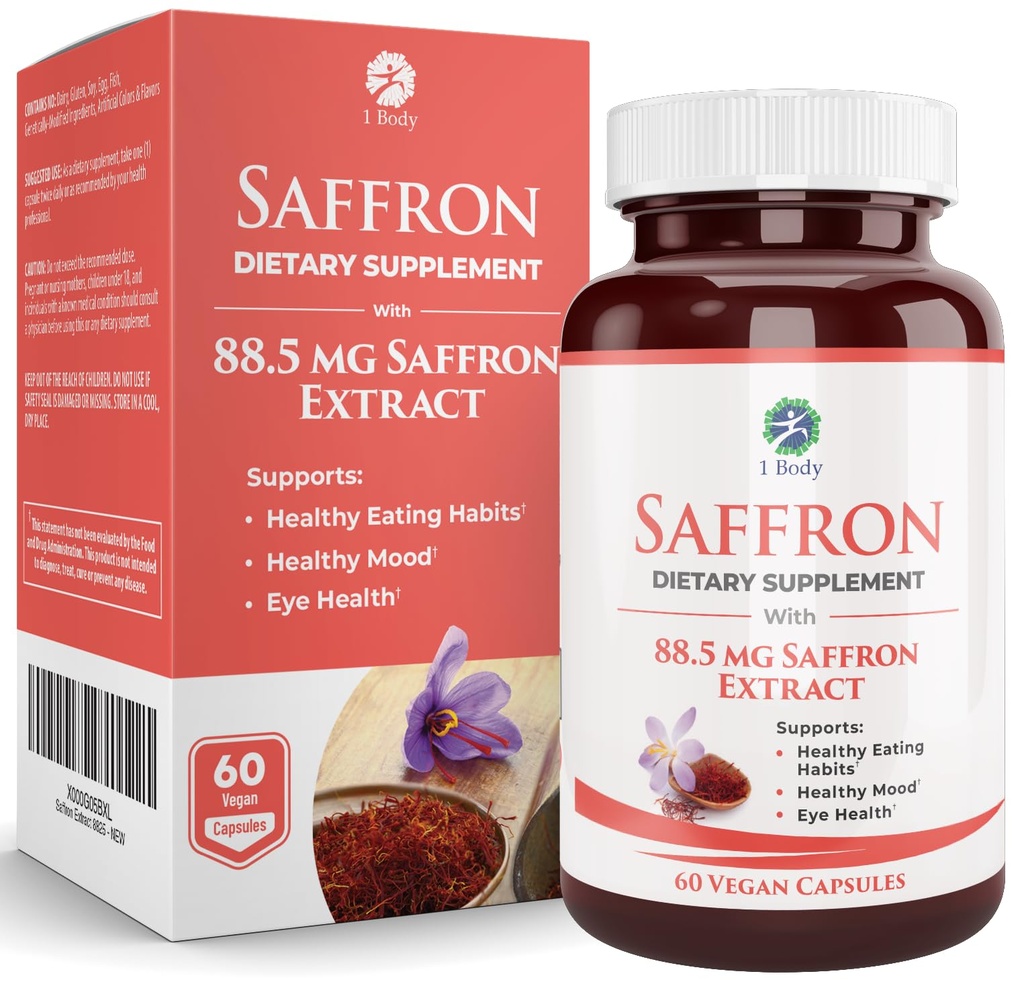 1 Body Saffron Extract Supliment, 88,5 mg Safranal, Antioxidant şi Suport pentru Mood, Capsule vegetariene