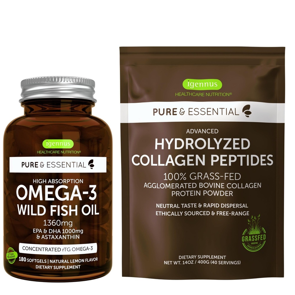 Omega-3 ulei de pește sălbatic 1360mg & Colagen peptide hidrolizate avansate, 1000mg EPA & DHA cu Astexantină & 100% Grass Fed bovine Colagen Proteine pulbere, de Igennus