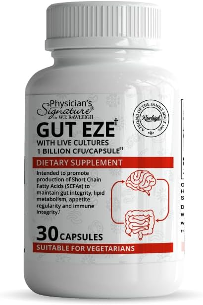 Rawleigh Gut Eze: 30 Capsule, Probiotic vegetarian de zi cu zi pentru bărbați și femei,1 Miliarde CFU/Cap, Microbiome-Based, SCFA Production + Gut, Digestive, Imunitate, Appetite & Folide Support, Non-GMO