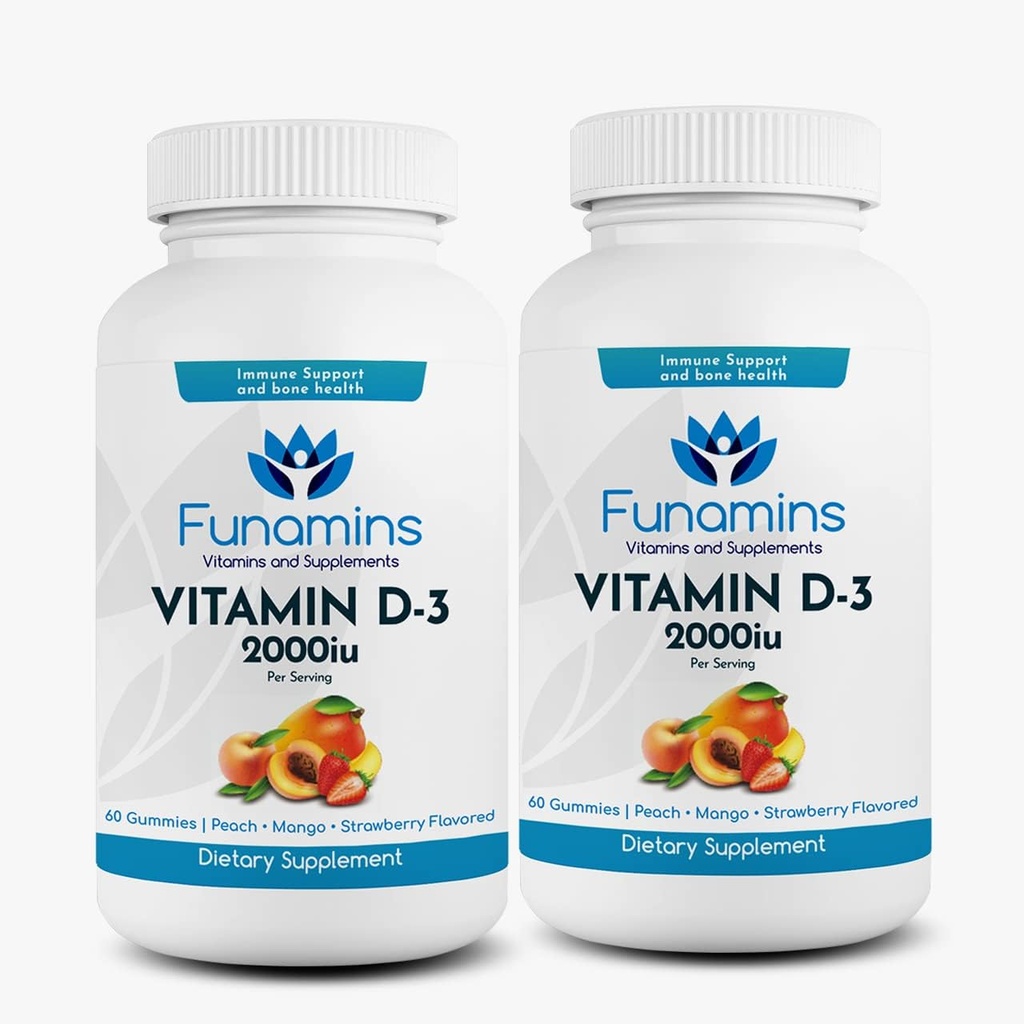 Vitamina D3 Gumies, 2-Pack, 60 Conte Fiecare, 2000iu per Servire, Sprijină Sistemul imunitar și sănătatea osoasă; pentru copii și adulți; Peach, Mango, Aroma de căpșuni
