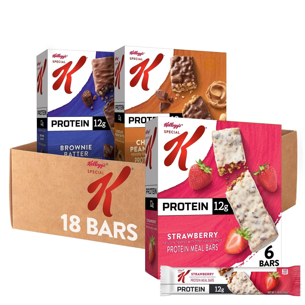 Special K Bar de masă de proteine Baruri, Înlocuirea mesei, Snack-uri de proteine vrac, Pachet de soiuri (3 cutii, 18 Conte)