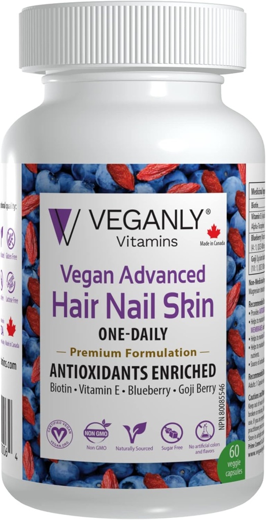 Vegan Advanced Hair Nail Skin One-Daily, 60 Veggie Caps -Antioxidant imbogatit. Imbunatatirea parului, imbunatatirea sanatatii pielii si a unghiilor - Planta bazata pe Biotin & Natural Superfood