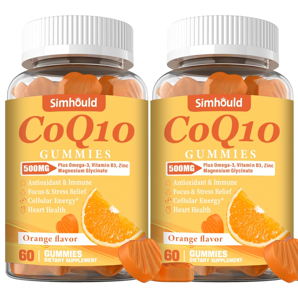 2 Pack CoQ10 500MG Gummies - Plus Omega-3, Magneziu, Vitamina B3 & Zinc - 3X Coenzime de absorbţie mai bună Q10 Suplimente pentru sănătatea inimii, Energie celulară & Antioxidant, Non-GMO 120 Counts
