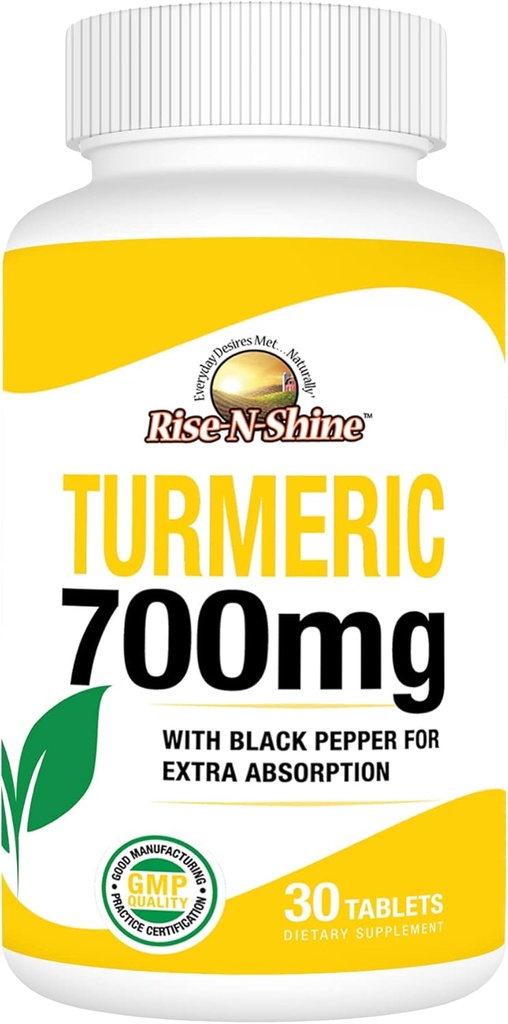 Rise-N-Shine 700 mg de Curcumin Turmeric cu Pepper negru - Suplimente vegetale pentru Skin si suport comun - 30 de zile de aprovizionare