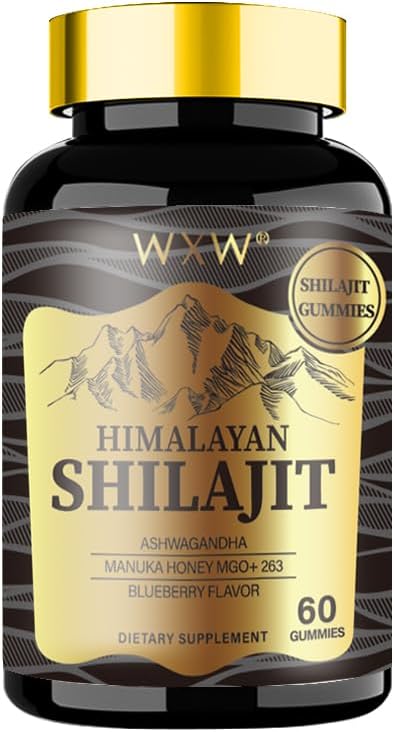 WXW Himalayan Shilajit Gummies, 60 Count, Aroma de afine, Suporturi După formare de recuperare, Sistem imunitar, Digestion, Minte & Memorie, Inimă sănătoasă, Abilităţi cognitive (1 sticlă, Silajit de aur)