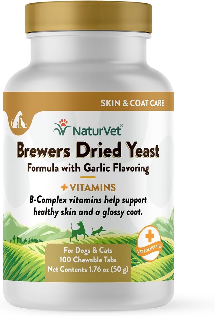 NaturVet Brewers Drojdii uscate Formula cu usturoi arome Plus Vitamine pentru câini și pisici, Tablete masticabile, Made în Statele Unite ale Americii cu ingrediente globale sursă 100 Conte