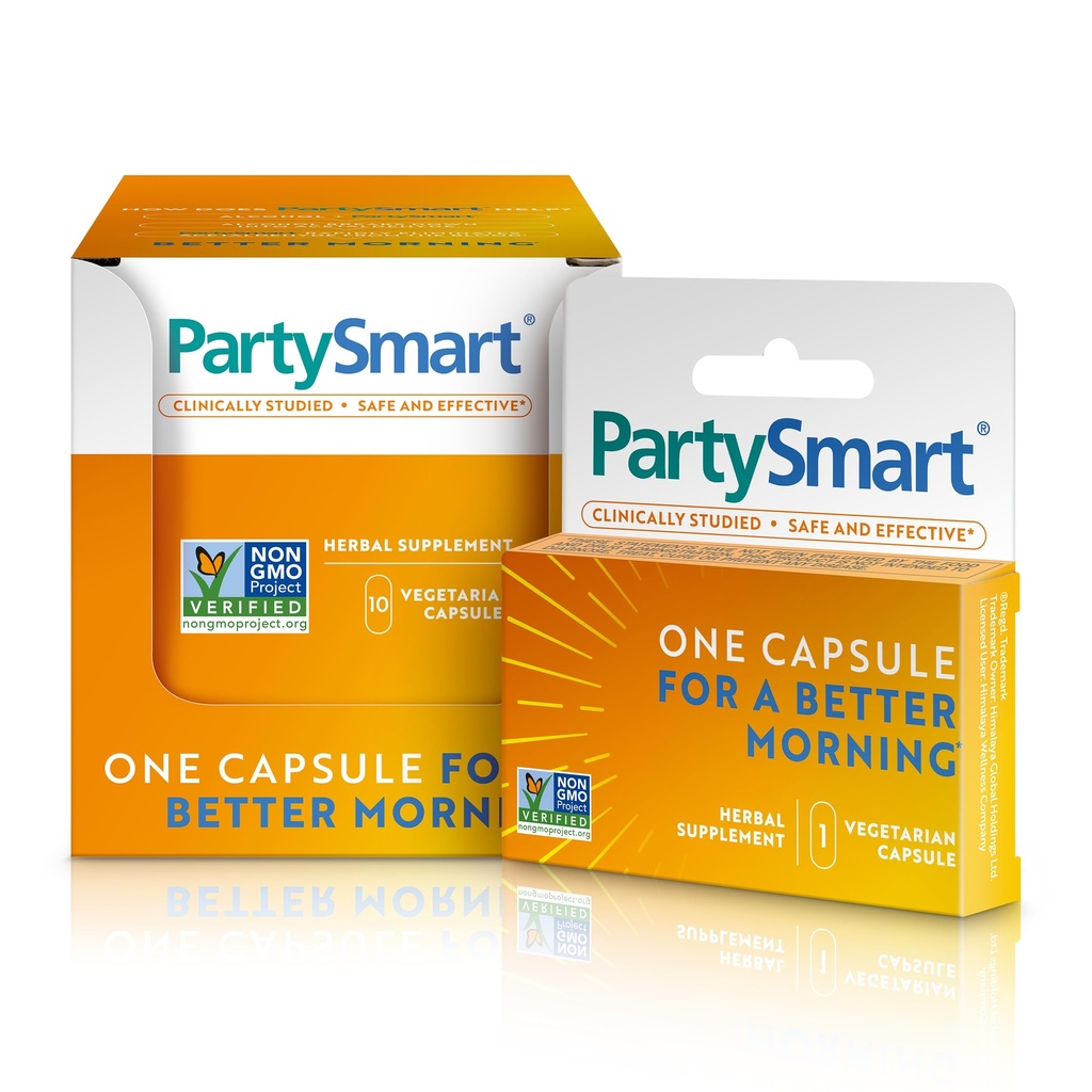 Himalaya PartySmart, 10 capsule individuale - Dezintegrarea alcoolului Sprijin pentru ficat pentru o mai bună dimineață după băut - Bazat pe plante, Vegan, non-GMO, Gluten gratuit, Studiat clinic