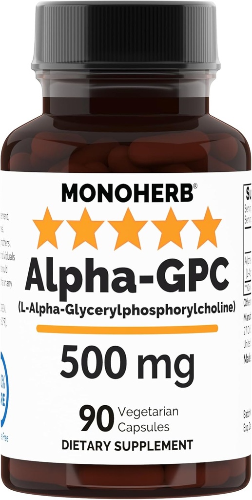 MONOHERB Alpha-GPC 500 mg - 90 capsule Vegane, Nootrop pentru suport cerebral, Focus, Memorie, Motivație și Energie