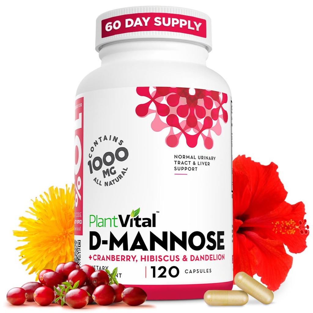 Capsule Plantvital D Mannose cu cranberry - D-mannose capsule 1000mg - Mare potenta pentru Bladder, Rinichi si Suport Tract urinar. Pudră de afine cu Hibiscus şi Dandelion. 2 luni de aprovizionare