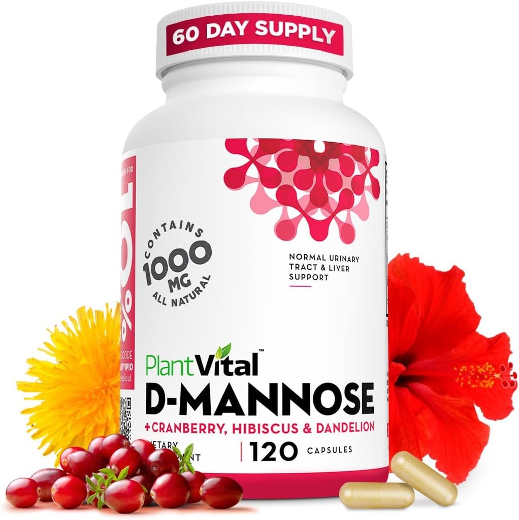 Capsule Plantvital D Mannose cu cranberry - D-mannose capsule 1000mg - Mare potenta pentru Bladder, Rinichi si Suport Tract urinar. Pudră de afine cu Hibiscus şi Dandelion. 2 luni de aprovizionare