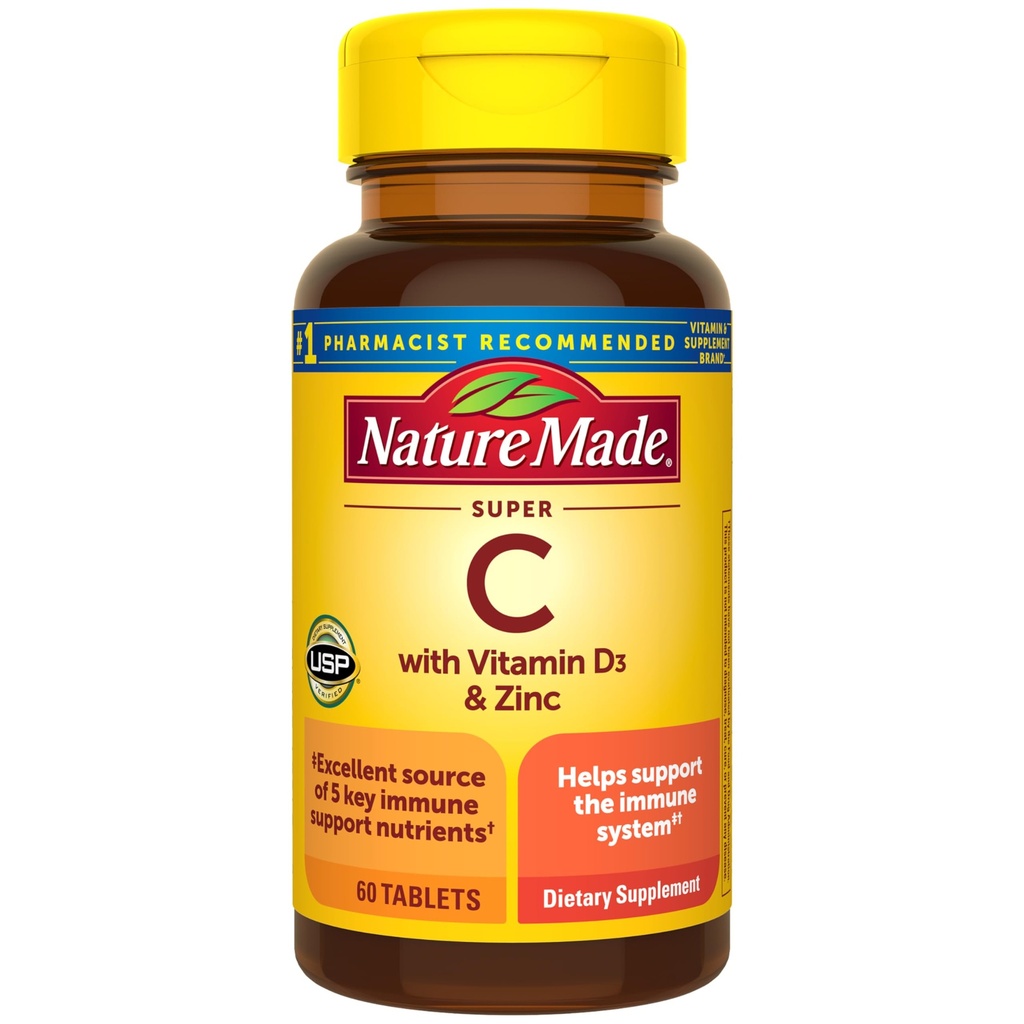 Natura făcut Super C, vitamina C și zinc cu vitamina D3, Supliment alimentar pentru suport imunitar, 60 comprimate, 60 zile de aprovizionare